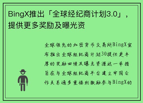 BingX推出「全球经纪商计划3.0」，提供更多奖励及曝光资